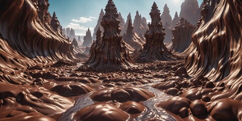Rocky Chocolate Dream. A melted chocolate tumbles down weathered rocks, creating a surreal and...