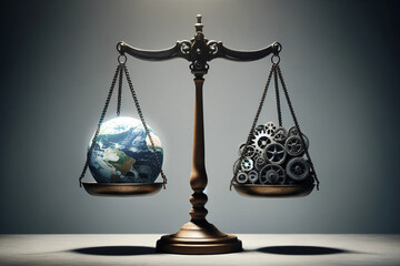 Detailed view of a scales of justice with the Earth on one pan and industrial gears on the other, symbolizing the balance between environmental sustainability and industrial growth