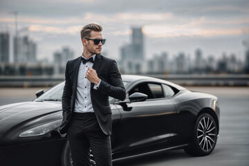 A man in a tuxedo and sunglasses stands next to a black sports car - 765227592
