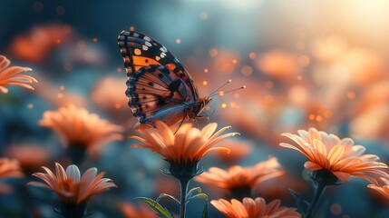 Close-up of butterflies playing on colorful flowers, the concept of spring and flowers. Pastel colors.  - obrazy, fototapety, plakaty