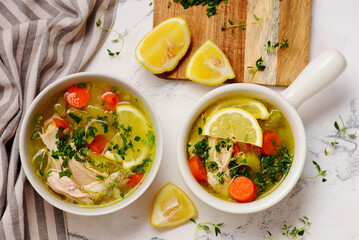 Chicken soup with lemon and rice.top veiw .style hugge
