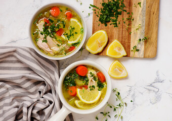Chicken soup with lemon and rice.top veiw .style hugge