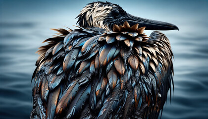 Detailed view of a seabirds feathers coated with thick oil, emphasizing the need for immediate clean-up and rehabilitation - obrazy, fototapety, plakaty