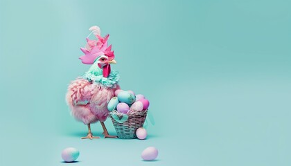 Easter chicken dressed like a lady with a basket full of easter eggs. Pink, turquoise, violet, and...