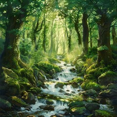 Sunlight filters through the canopy onto a magical forest stream surrounded by lush greenery and moss-covered stones