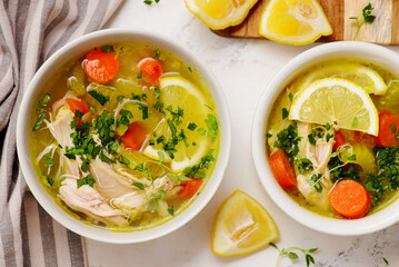 Chicken soup with lemon and rice.top veiw .style hugge