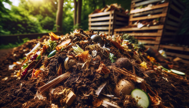 Close-up of a compost pile in a backyard setting, showcasing the organic decomposition process