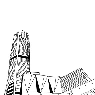 A closeup shot of Public Investment Fund Tower, PIF building at KAFD. High rise buildings in King Abdullah Financial District in Riyadh, Saudi Arabia.
