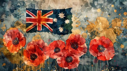 Anzac Day Grunge Watercolor Australia Flag and Poppy Flowers, Remembrance Symbol - obrazy, fototapety, plakaty