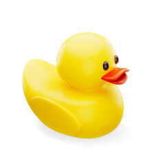 Cute 3d cartoon yellow rubber duck toy with red beak isolated on white background. Design element for rubber duck debugging concept or duckling effect, imprinting. Vector illustration of 3d render.