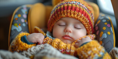 Cute baby is sleeping in a safety sit in the car