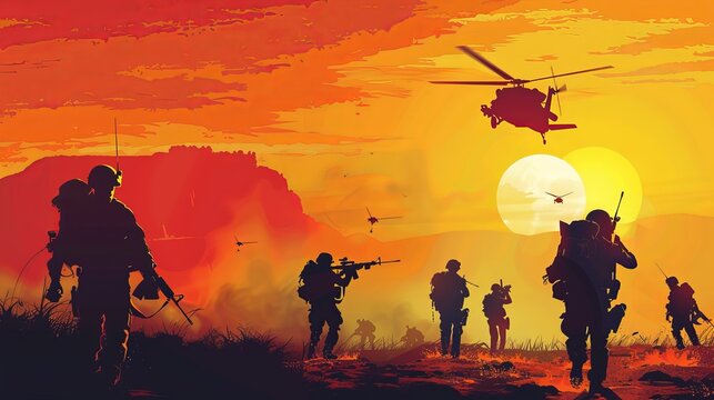 Vector illustration showcasing a military scene with soldiers' silhouettes, including artillery, cavalry, airborne units, and army medical personnel. Set against an army-themed background