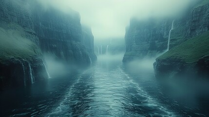 Boat navigates misty canyon with cascading waterfalls - obrazy, fototapety, plakaty