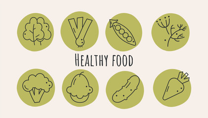 Vector set of healthy food icons. Lettuce, onion, green peas, squash, cucumber, dill, greens, carrots, cabbage, salad. Outline Vegetables  collection