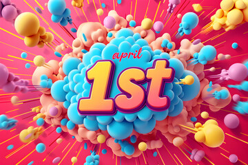 A vibrant April Fools' Day banner with cartoonish explosion graphics on a bright pink background, perfect for celebrating and adding humor to the event.