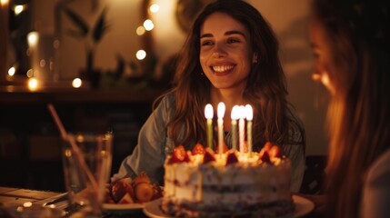 woman in front of birthday cake with a very happy expression generative ai