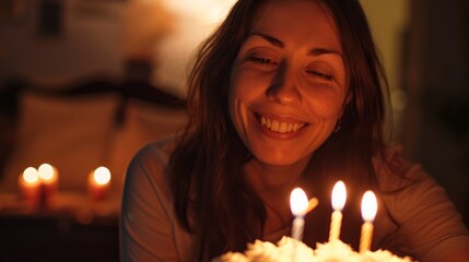woman in front of birthday cake with a very happy expression generative ai
