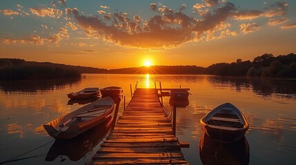 Obraz premium Panoramic view of a beautiful sunrise on a lake with a wooden pier