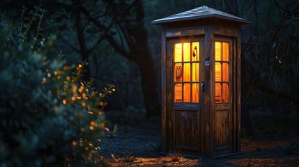 Old-fashioned style wooden phone booth with light inside on forest