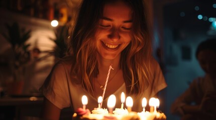 woman in front of birthday cake with a very happy expression generative ai