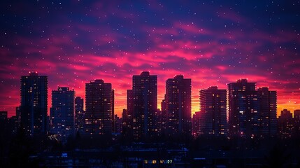 a city skyline at night with a sunset in the background