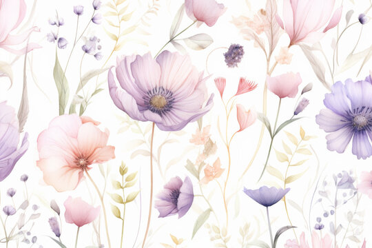 Blooming pink and purple flowers with green leaves on a seamless white background. Perfect for spring or summer designs
