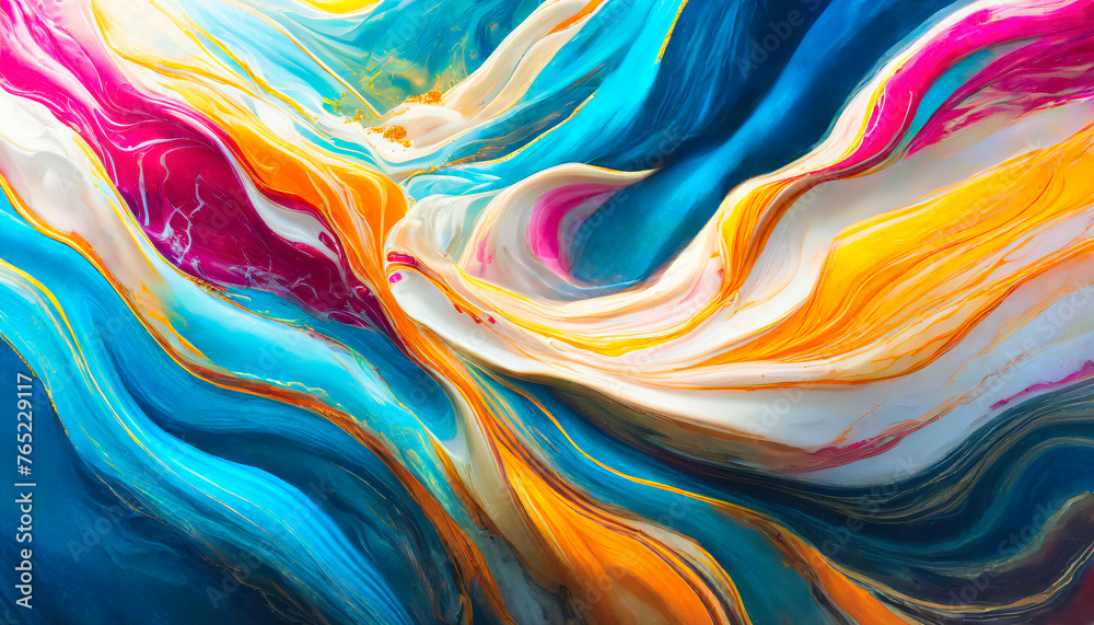 Poster A colorful painting with a blue and yellow line. The painting is abstract and has a lot of gold and red colors& Abstract Colorful acril Background