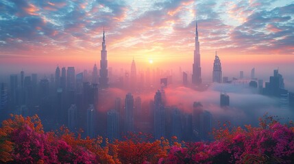 City skyline shrouded in fog at sunset with flowers in the foreground - obrazy, fototapety, plakaty