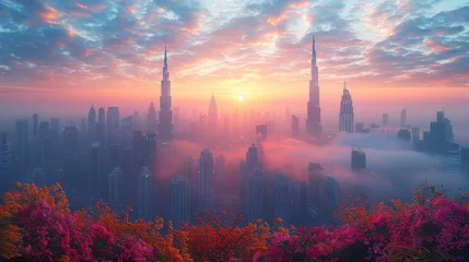 Foto op Canvas City skyline shrouded in fog at sunset with flowers in the foreground © yuchen