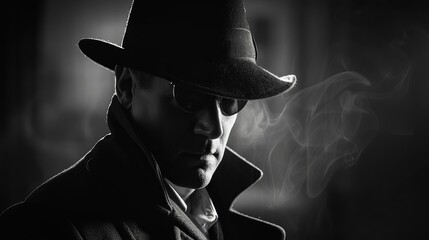 Old fashioned detective or mafia character in hat, black and white noir style - obrazy, fototapety, plakaty