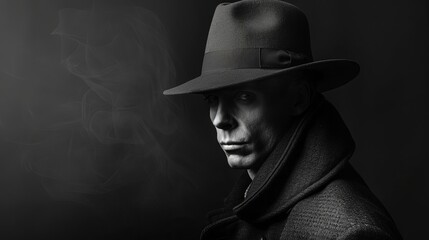 Old-fashioned detective in hat, black and white noir style mysterious portrait - obrazy, fototapety, plakaty