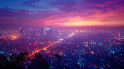 Zelfklevend Fotobehang A cityscape at dusk with a blurry sunset in a violet sky © yuchen