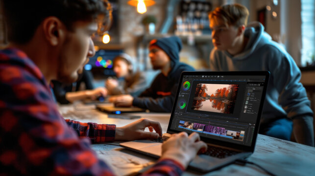 Students editing videos on laptop for their channels and college work and photo for advertising.