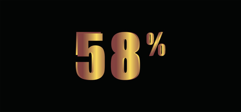 58 percent on black background, 3D gold isolated vector image