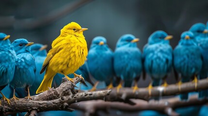 Unique Yellow Bird Among Blue Birds Representing Individualism and Standing Out, Wildlife Photography - obrazy, fototapety, plakaty