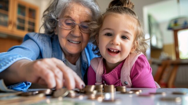 Grandparents teaching children the importance of saving at an early age. generative ai