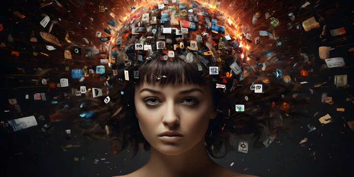 A woman head exploding with information overload, represented by symbols and text, overthinking , distress anxiety