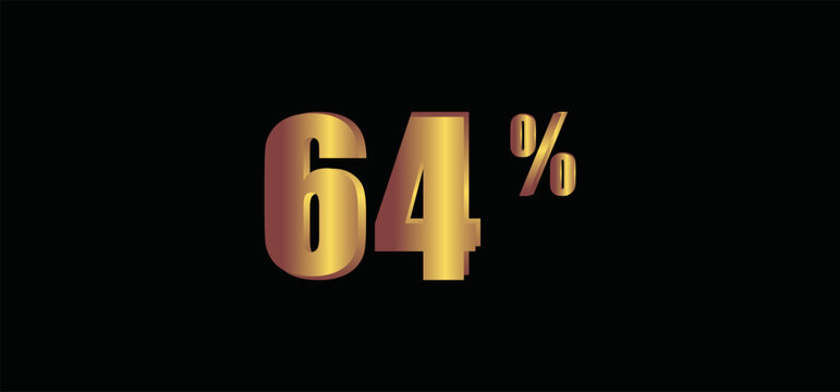 64 percent on black background, 3D gold isolated vector image