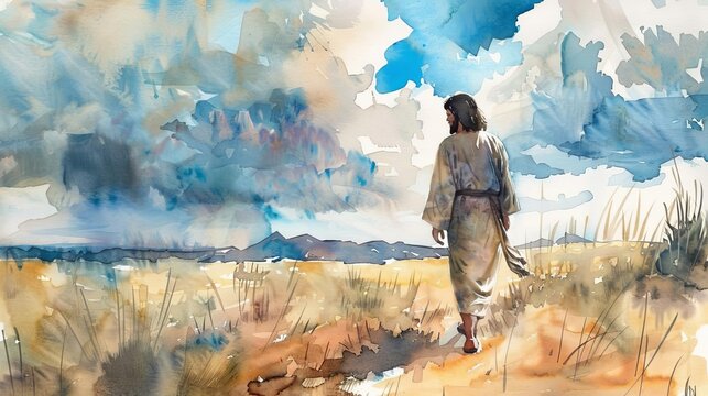 Watercolor illustration of Jesus Christ walking alone, conveying solitude and contemplation