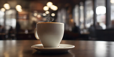 Fototapeta premium Steaming Cup of Coffee on Saucer on Table