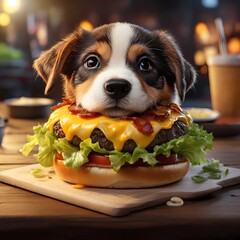 Adorable cachorro, recarga su hocico sobre una hamburguesa,  fotografía graciosa de pero sobre una hamburguesa.  