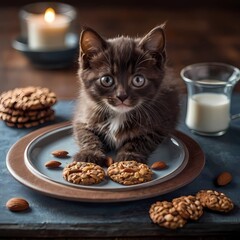 Tierno gato, sobre un delicioso plato de galletas, bonita escena de gato con merienda de galletas y leche