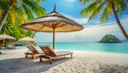 Seaside Serenity: Lounge Chairs Beneath Palm Trees and a Beach Umbrella