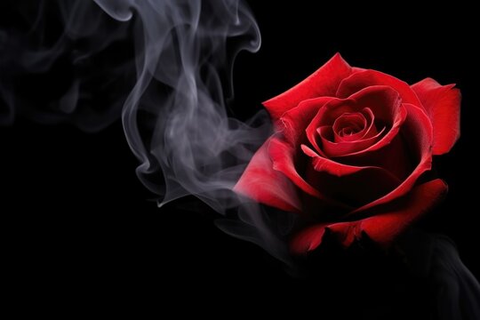 Dramatic image of a single red rose enveloped in smoke against a stark black background. Single Red Rose with Smoke on Black Background