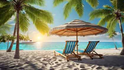 Seaside Serenity: Lounge Chairs Beneath Palm Trees and a Beach Umbrella