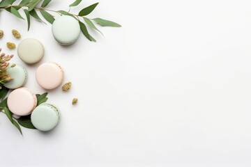 A clean, minimalist composition featuring pastel macarons and fresh green leaves on a white background.