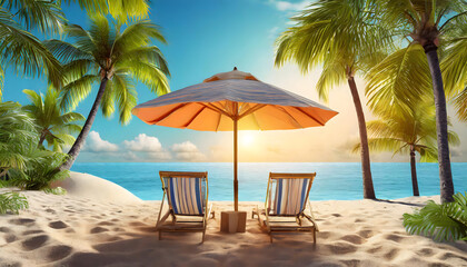 Seaside Serenity: Lounge Chairs Beneath Palm Trees and a Beach Umbrella