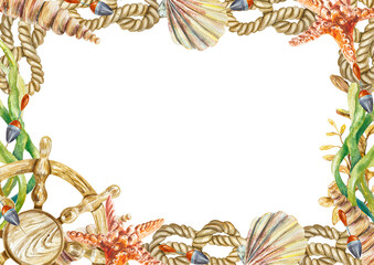 Marine frame, watercolor. Steering wheel, starfish, rope, shells. Horizontal frame illustration isolated on white background. Design element for cards, invitations, sea banners, travel flyers.
