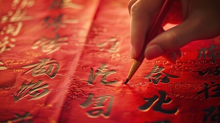Close-up shot of hand writing chinese calligraphy on red paper
