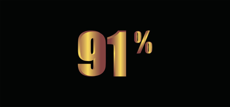 91 percent on black background, 3D gold isolated vector image